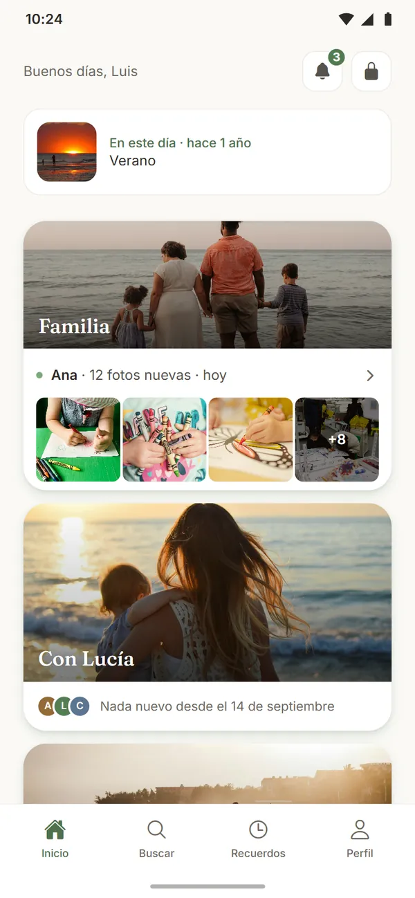 Inicio: los spaces con lo último de cada uno y, arriba, «En este día»